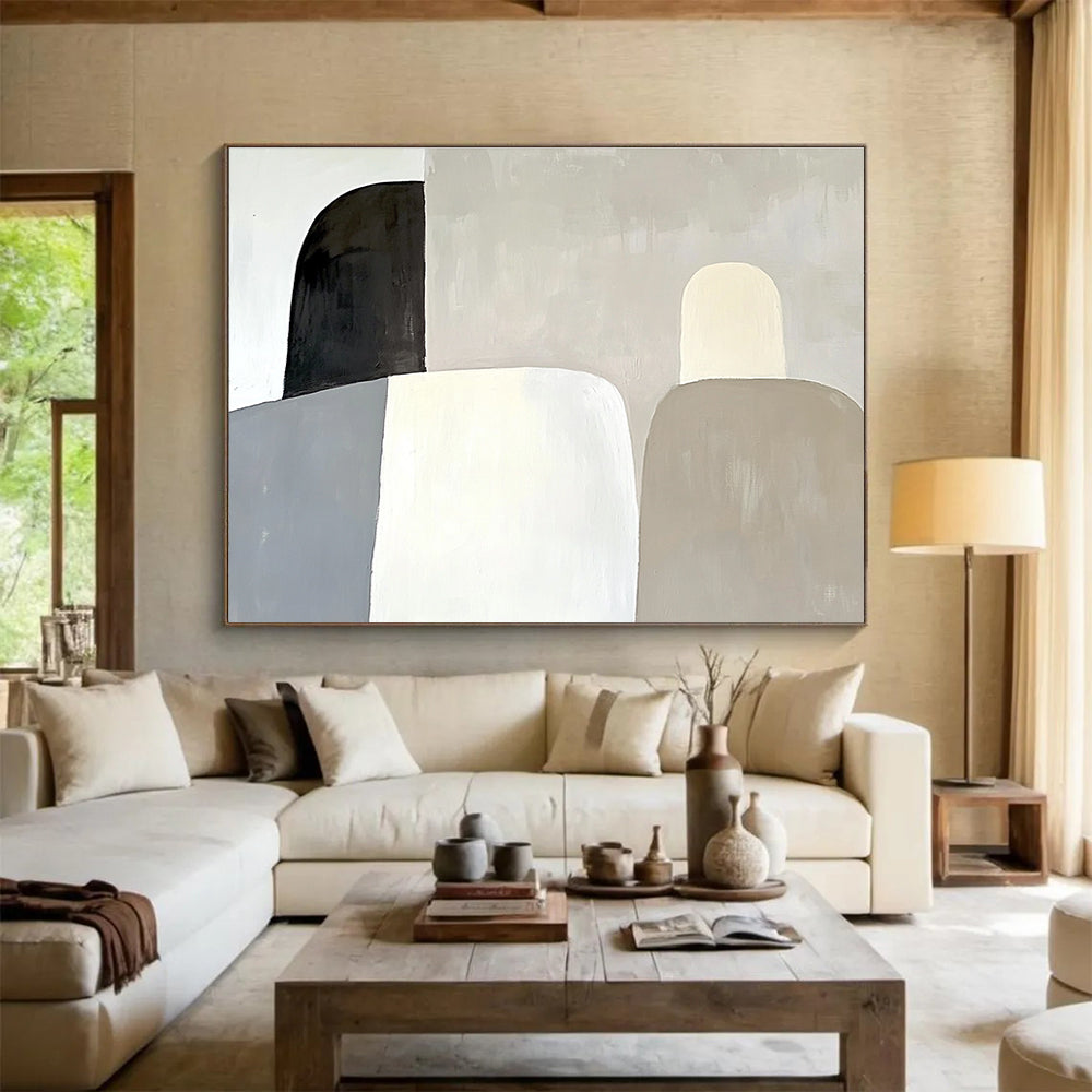 Large abstract painting featuring soft gray shapes against a white background with subtle forms and elegant modern aesthetic.SC589