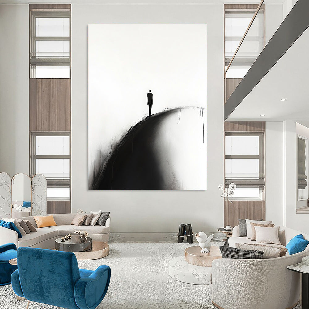 A large abstract painting featuring a silhouette of a man walking along a curved road on a white background in a minimalist style.STSC1331