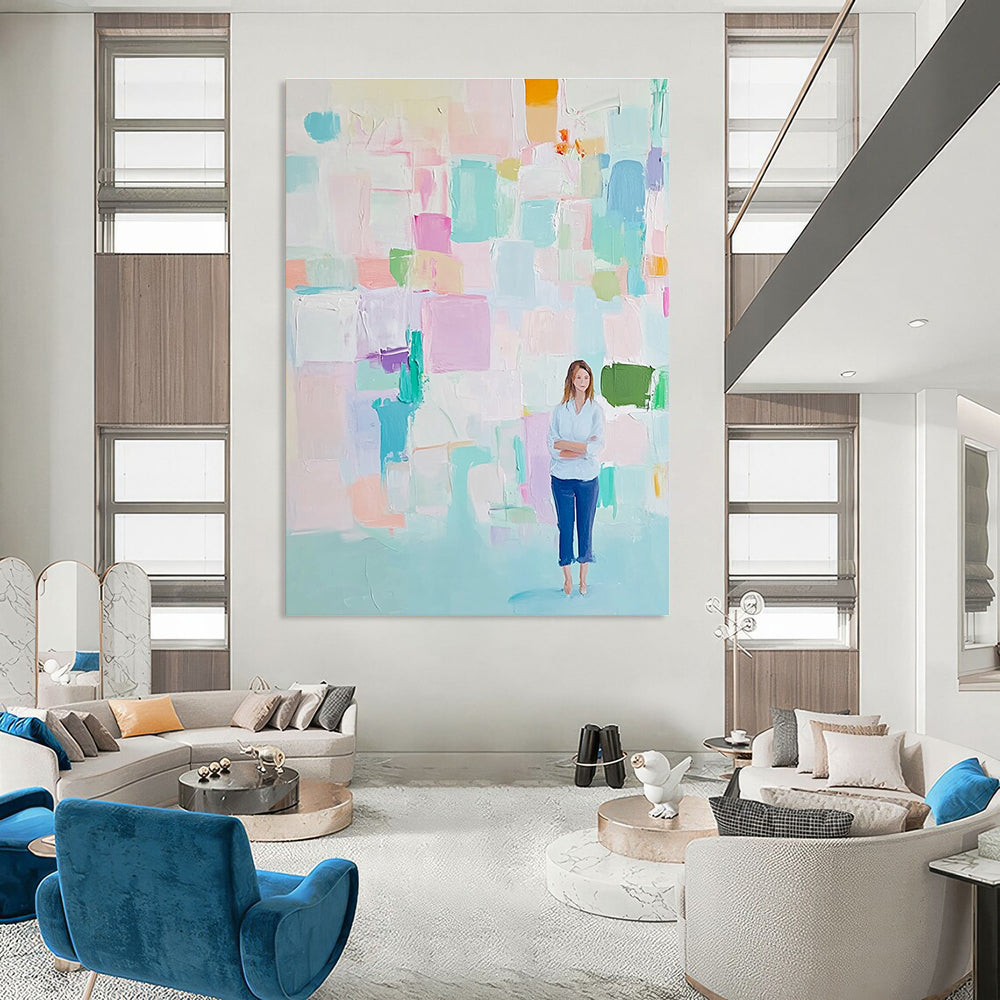 Large abstract painting featuring soft pastel colors and thick brush strokes in pink blue green and mint with an airy background.STSC447