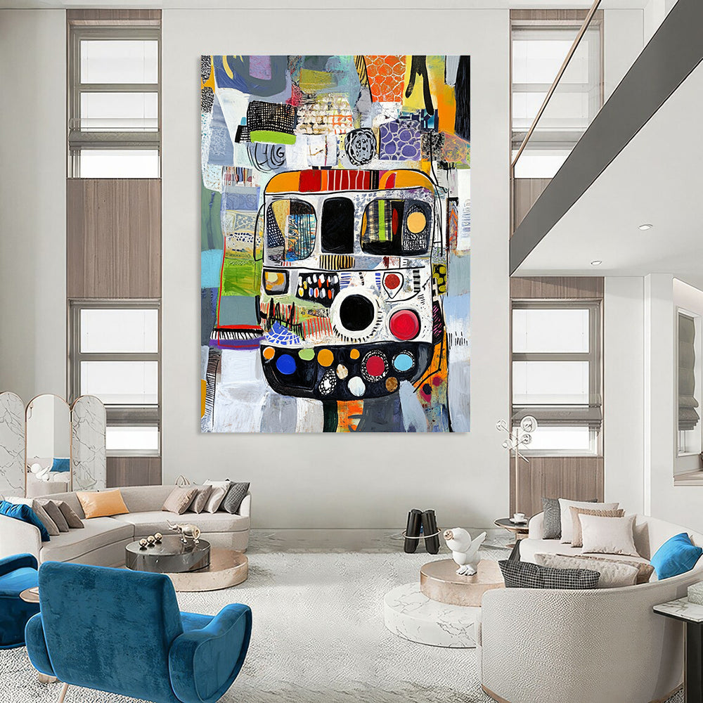 Abstract painting with diverse patterns features a bus in a textured collage of black white grey green blue red and orange yellow materials.STSC820