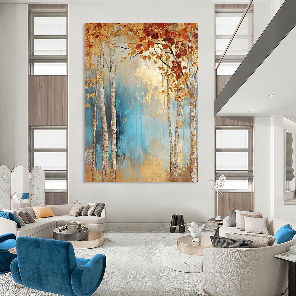 Large abstract painting of birch trees in autumn leaves with light blue and gold tones on a textured canvas.STSC301