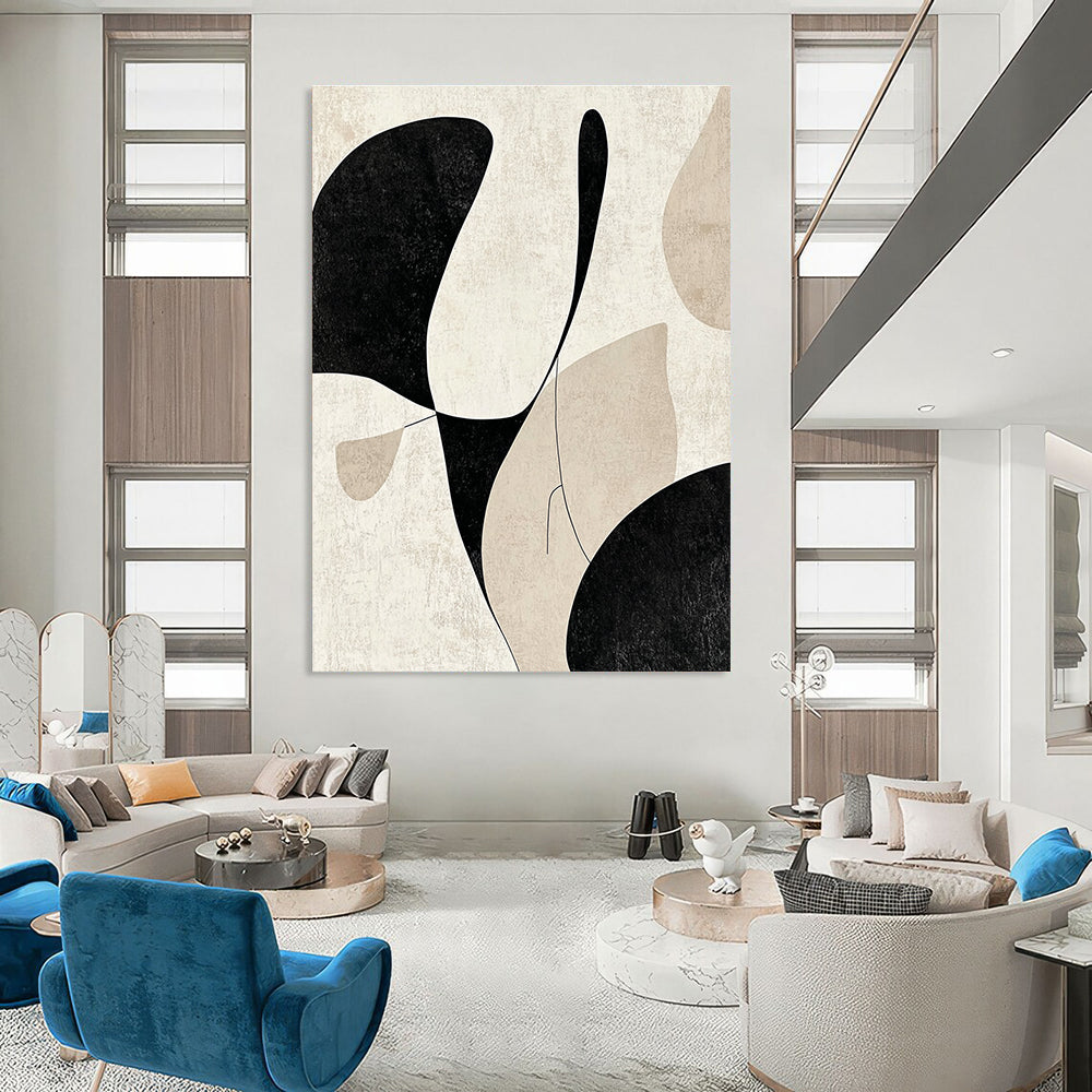 Abstract painting featuring black and beige soft lines and gentle curves creating an elegant minimalist design that highlights simplicity and form.STSC471