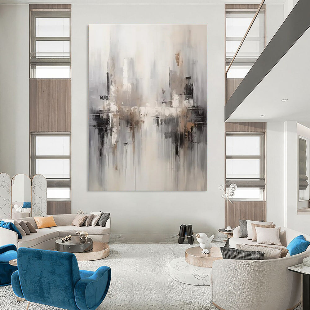 Monochromatic Cityscape Abstract Painting with Gray and Beige ADGE122