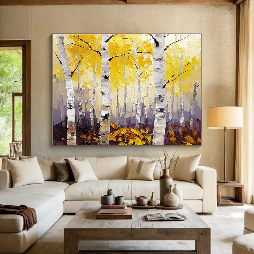 Large abstract painting of birch trees with vibrant yellow leaves featuring textured palette knife details and thick brush strokes on canvas.SC407
