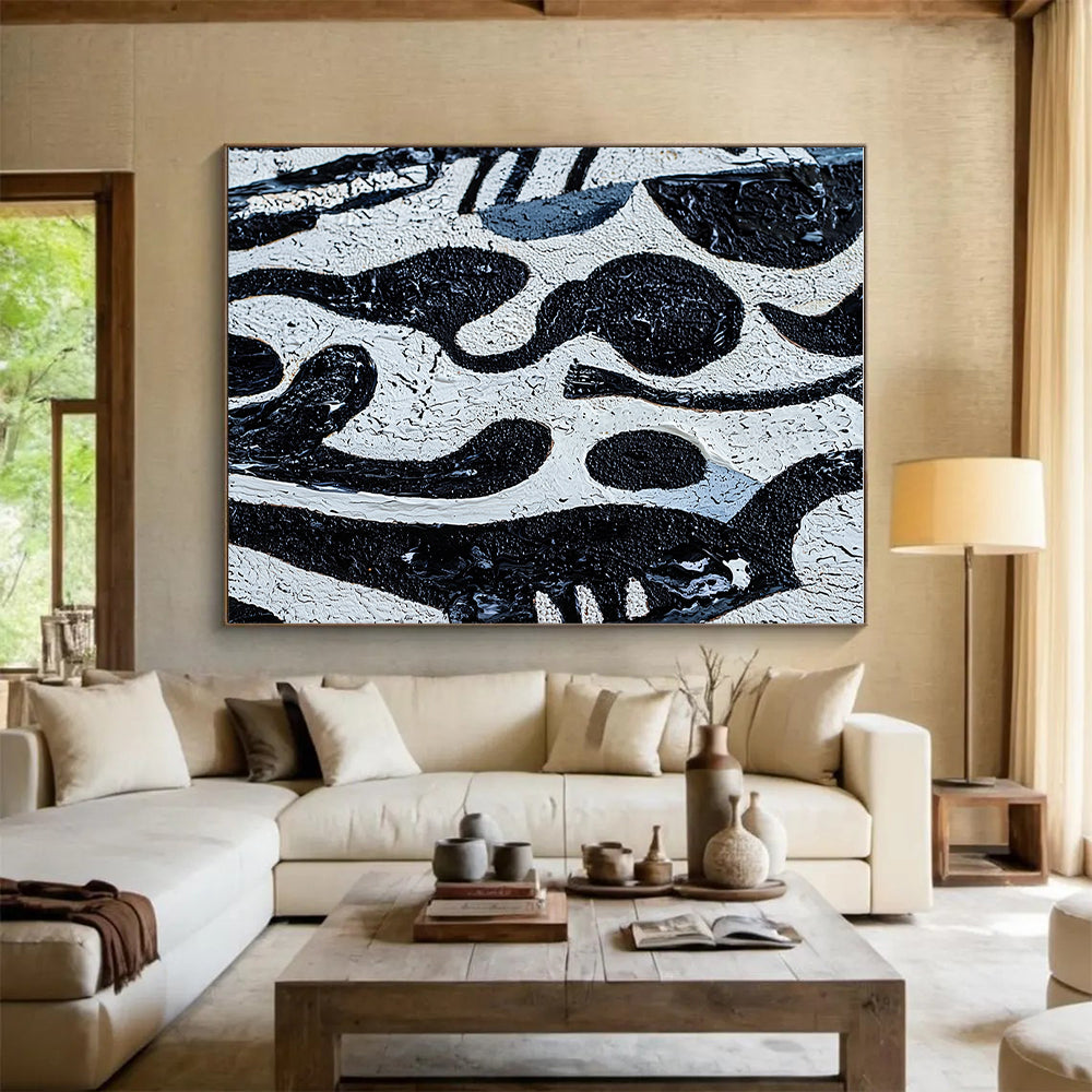 Black and White Textured Abstract Painting with Irregular Shapes GER050