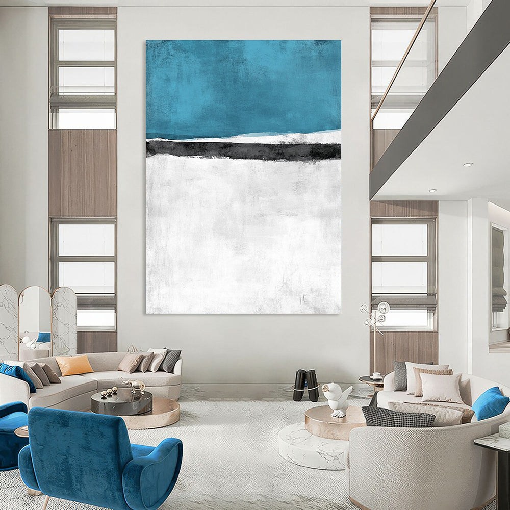 Large Abstract Landscape Painting Featuring a Snowy Field with Sea and Sky in an Elegant Minimalist Watercolor Style.STSC523