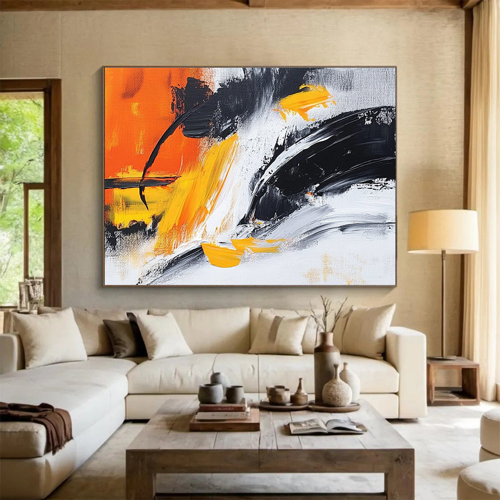 Orange Yellow Black Abstract Painting with Dynamic Brushstrokes DYP301