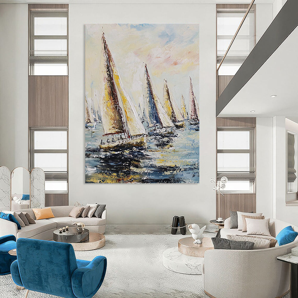 Large abstract painting featuring sailing regatta with billowing sails against a pastel sky and impasto-thick brush strokes.STSC1421