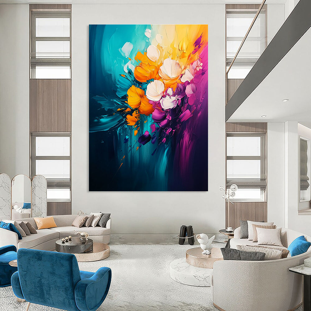 Large abstract painting featuring vibrant yellow teal orange pink purple and white florals on a dark background with dynamic brush strokes.STSC051