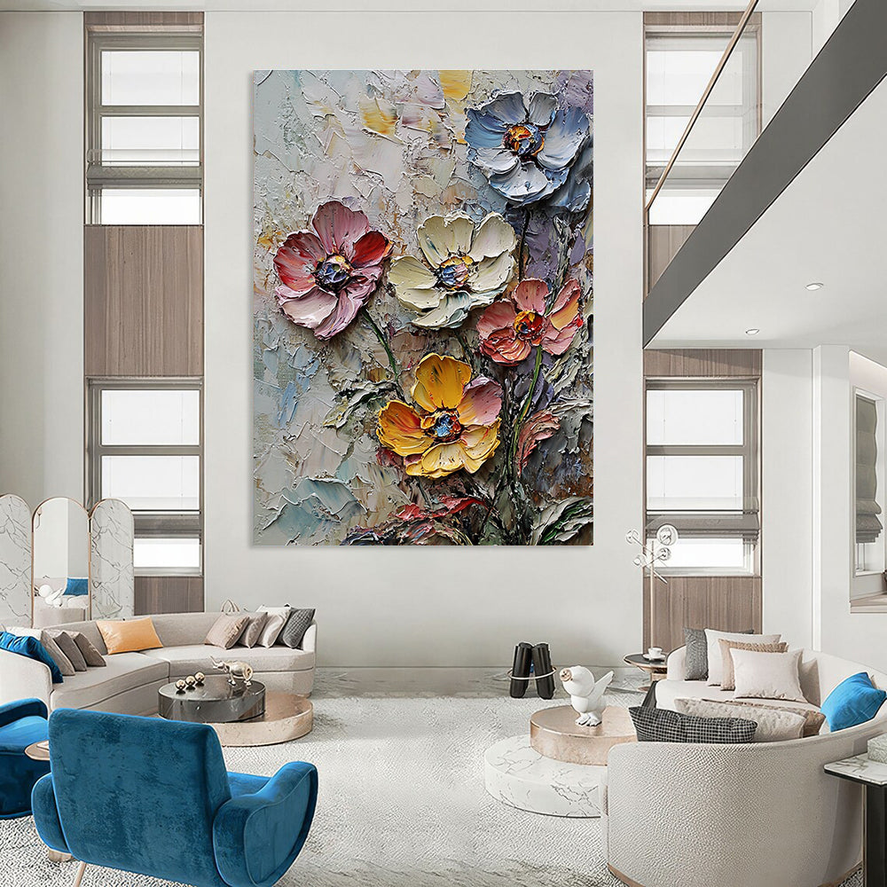 Large abstract painting of wildflowers in thick impasto texture and muted colors with densely clustered blossoms and rich background detail.STSC1302