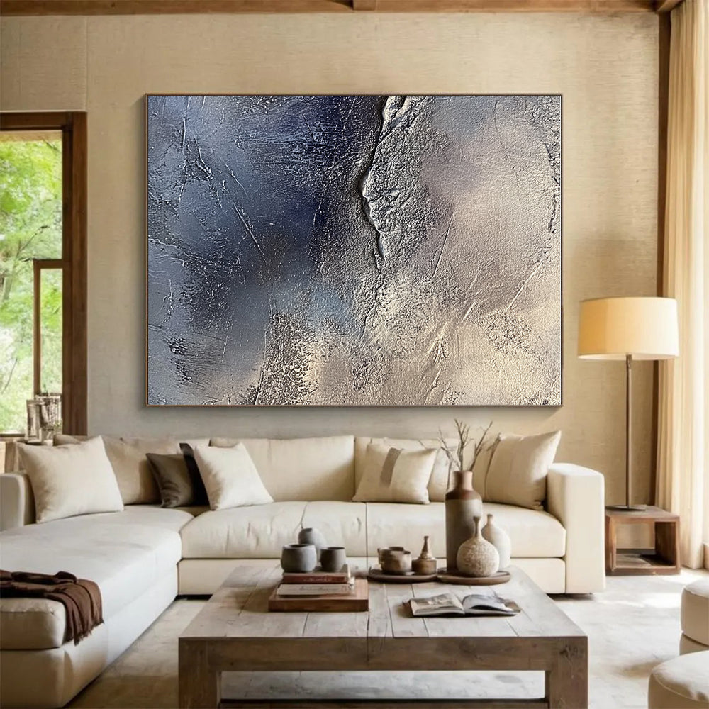 Silver and Blue Textured Abstract Painting with Metallic Tones GER066