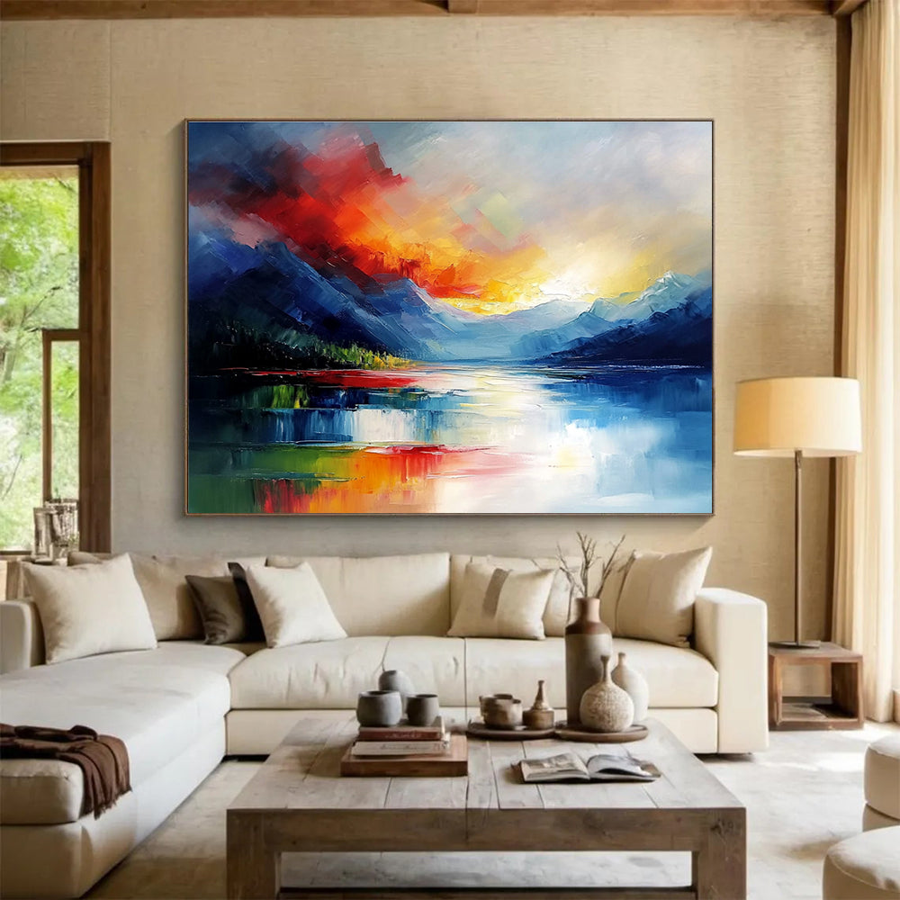 Dynamic Mountain Sunset Abstract Painting with Bright Reds Yellows and Blues DYP237