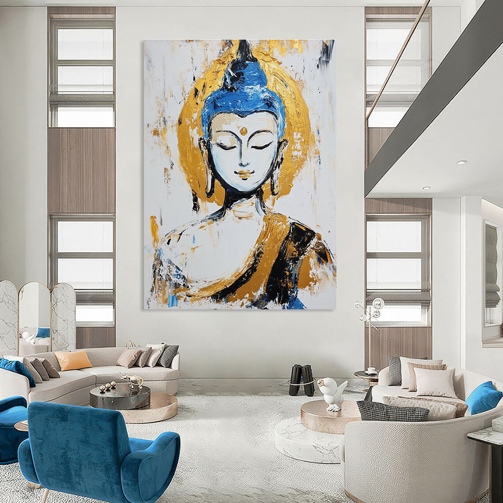 A large abstract painting of the Buddha with pale skin and blue hair in meditation against a white background featuring gold accents and visible brush strokes.STSC338