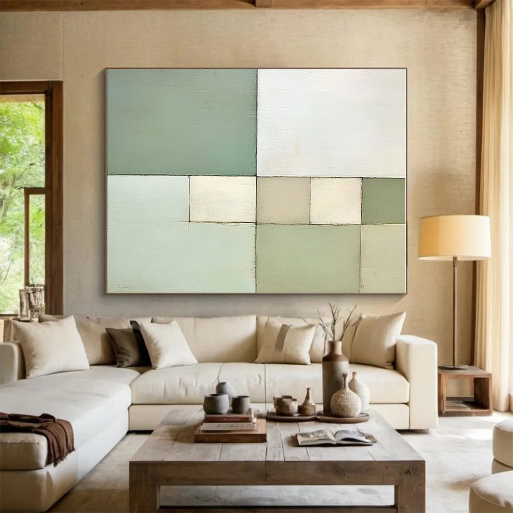 Green and White Abstract Painting with Geometric Harmony GER172