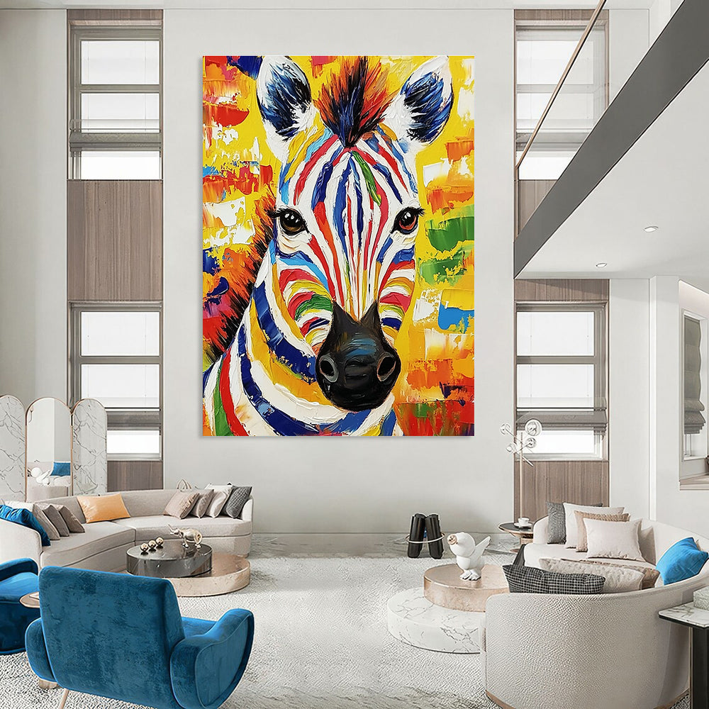 This large abstract painting features a vibrant zebra portrait in bold colors and thick brush strokes, radiating lively expression and natural light.STSC975