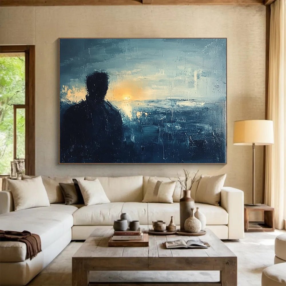 Silhouette by the Sea Abstract Painting with Dark and Light Blues DYP228