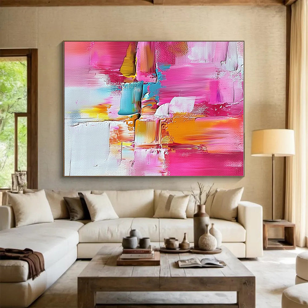 Pink Orange and Blue Abstract Painting with Textured Layers GER520