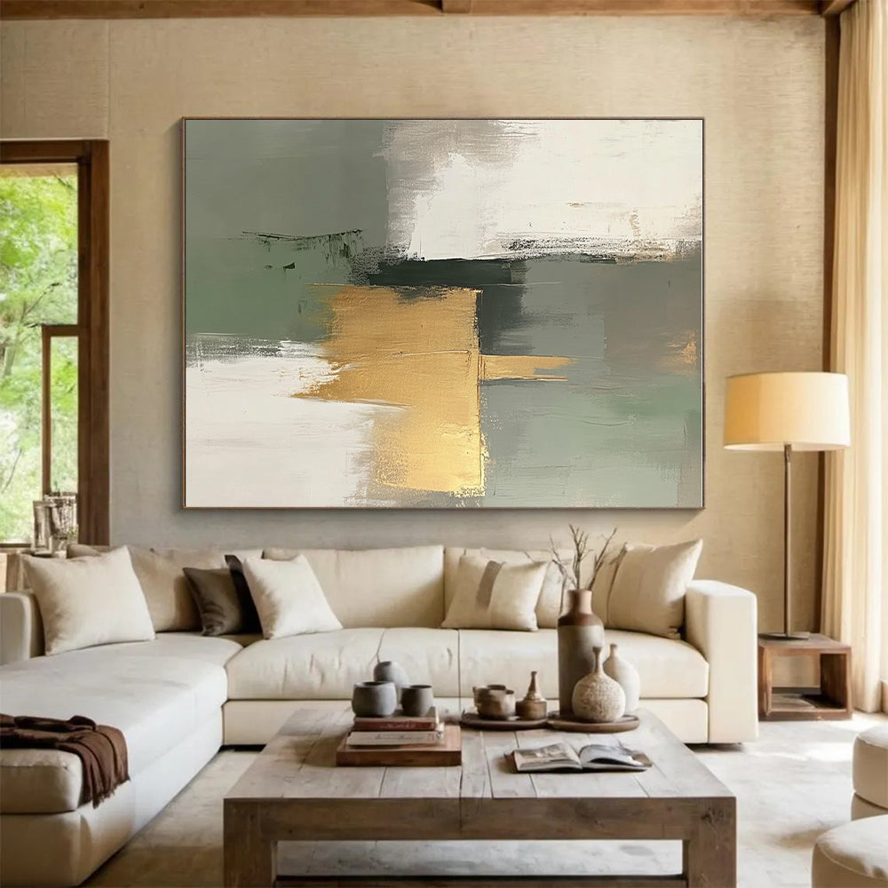 Green Gold and Gray Abstract Painting with Minimalist Geometry GER558