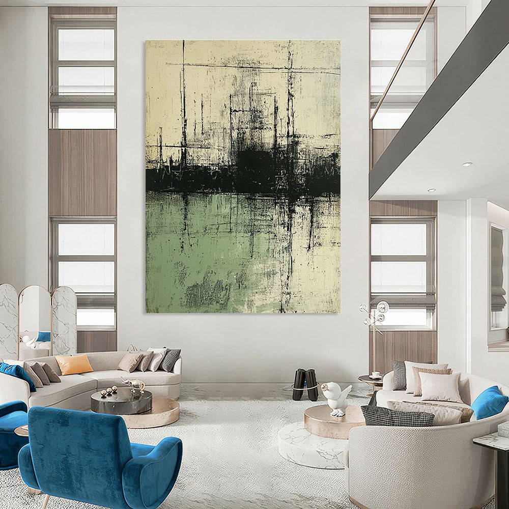 Large abstract painting featuring neutral tones of green and gray with water elements inspired by multiple renowned artists.STSC139