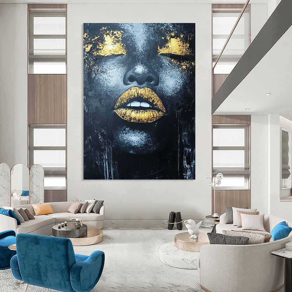 Large abstract acrylic painting of an African woman's lips with gold leaf highlights and textured black background.STSC1276