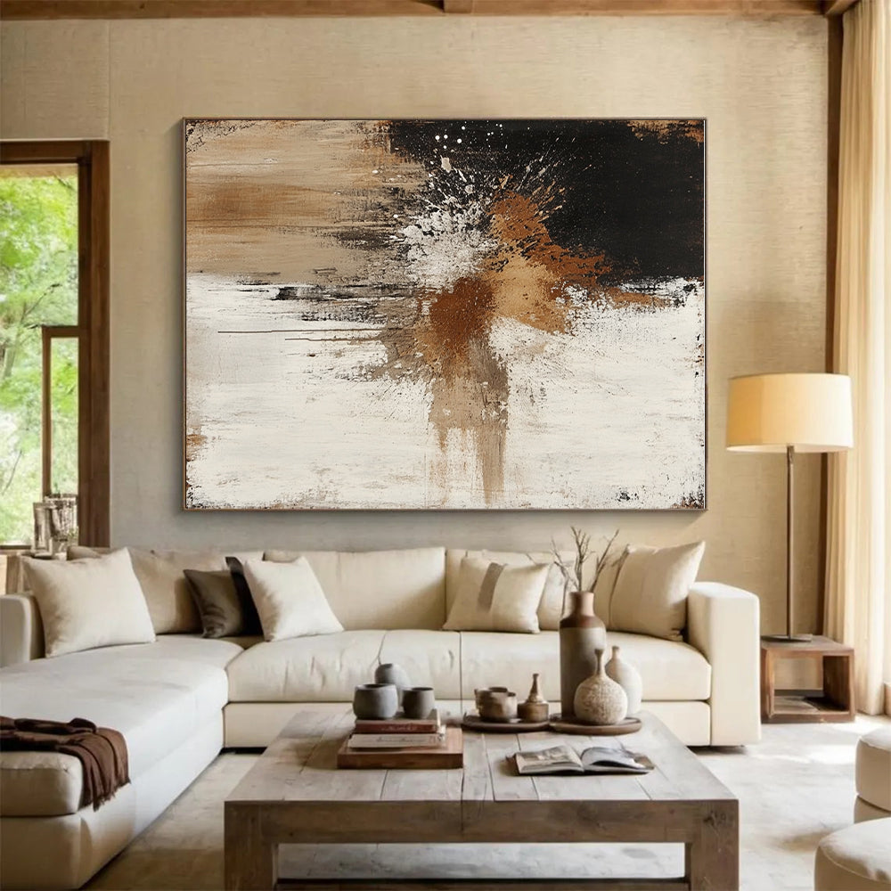 Black Brown White Abstract Painting with Splatter Effects GER773