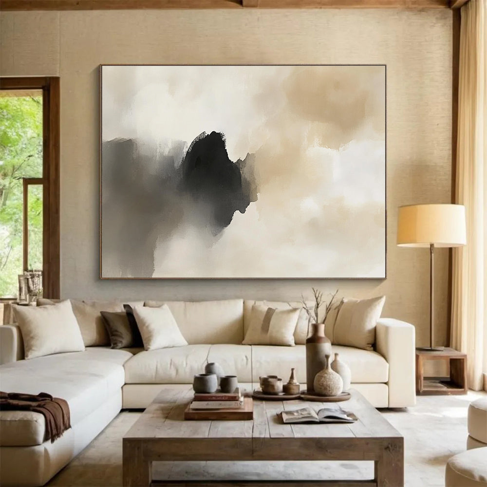 Large abstract painting featuring light gray and dark beige tones with atmospheric clouds soft edges and elegant mysterious emotions.SC222