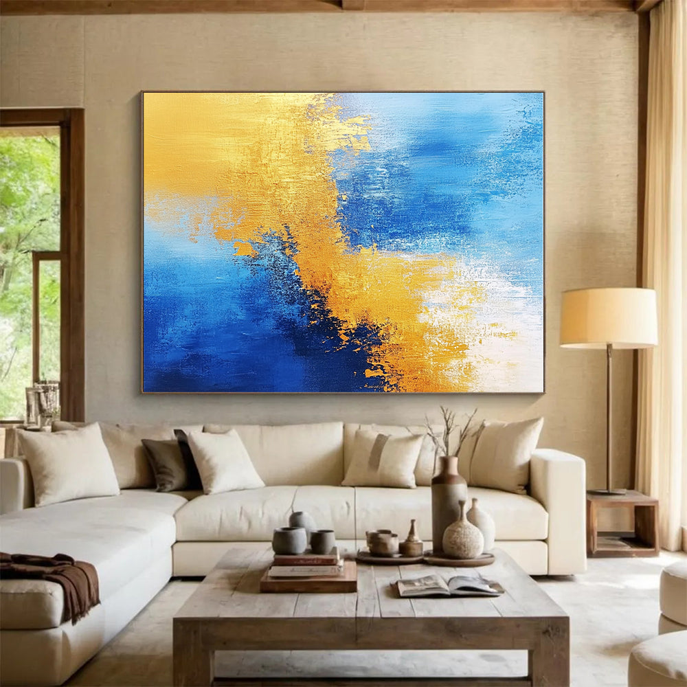 Vibrant Blue and Gold Abstract Painting with Energetic Splashes GER379