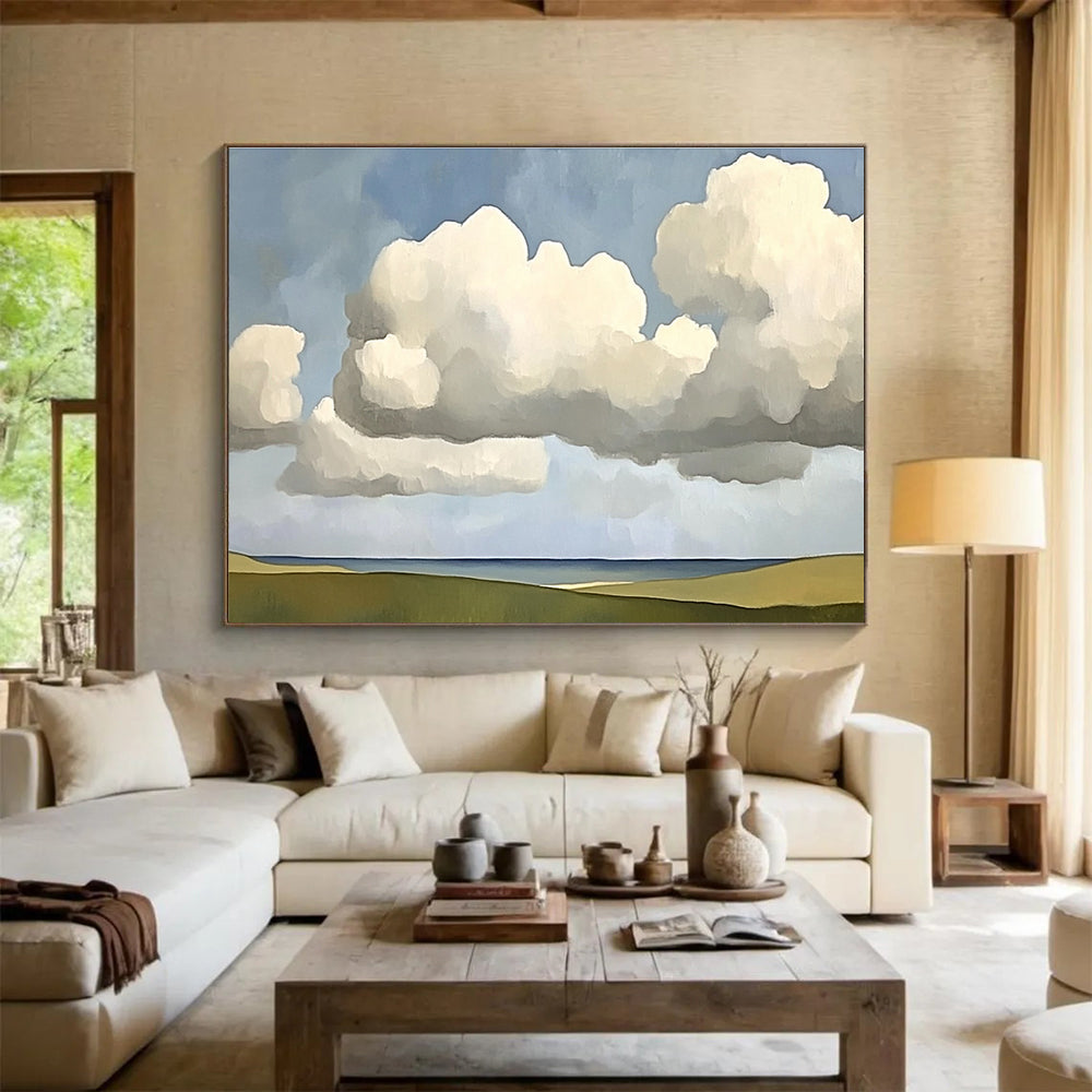 Large abstract painting of clouds in the sky inspired by Fairfield Porter featuring soft hues and fluid forms that evoke tranquility.SC601