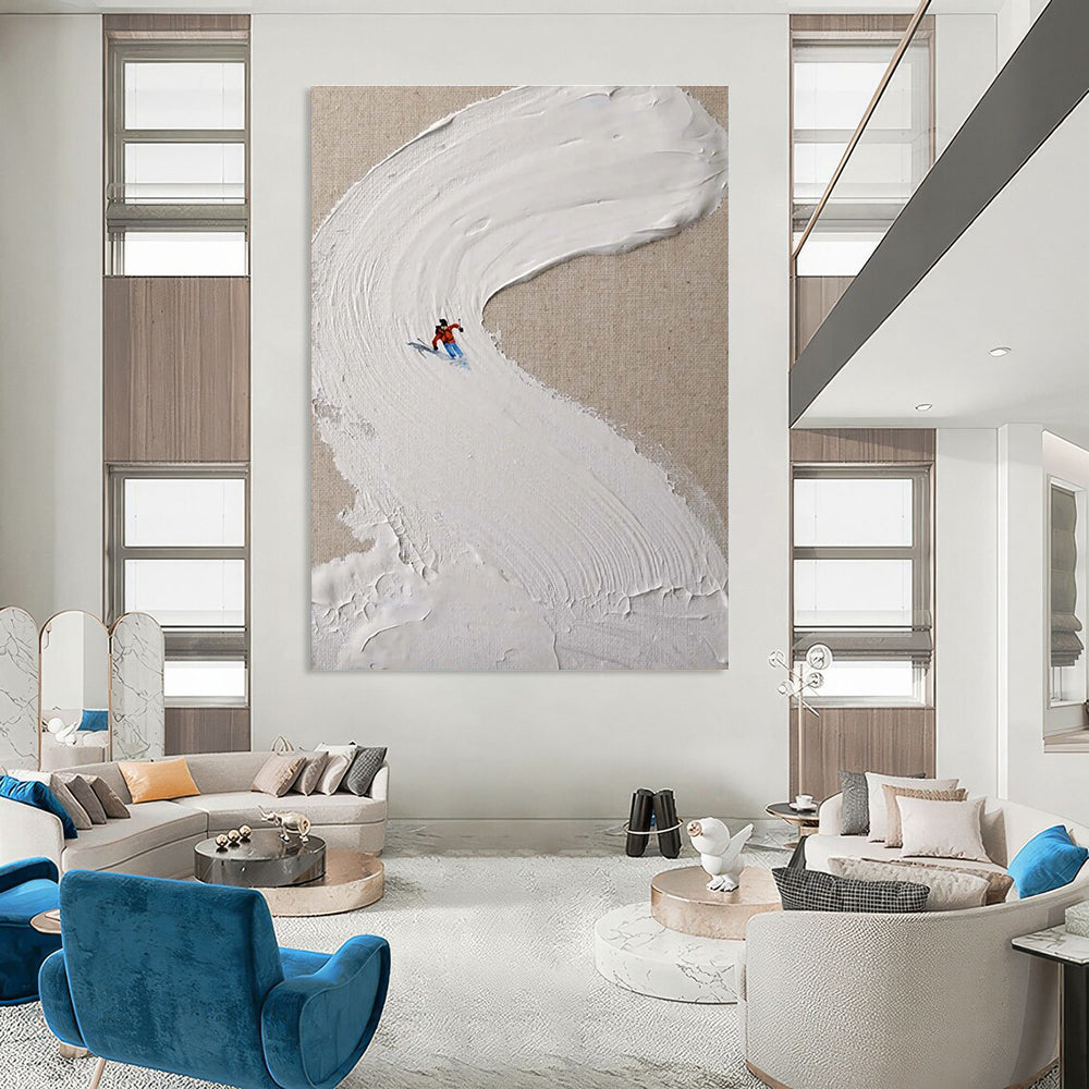 White Textured Ski Slope Abstract Painting with Red Accents ADGE311