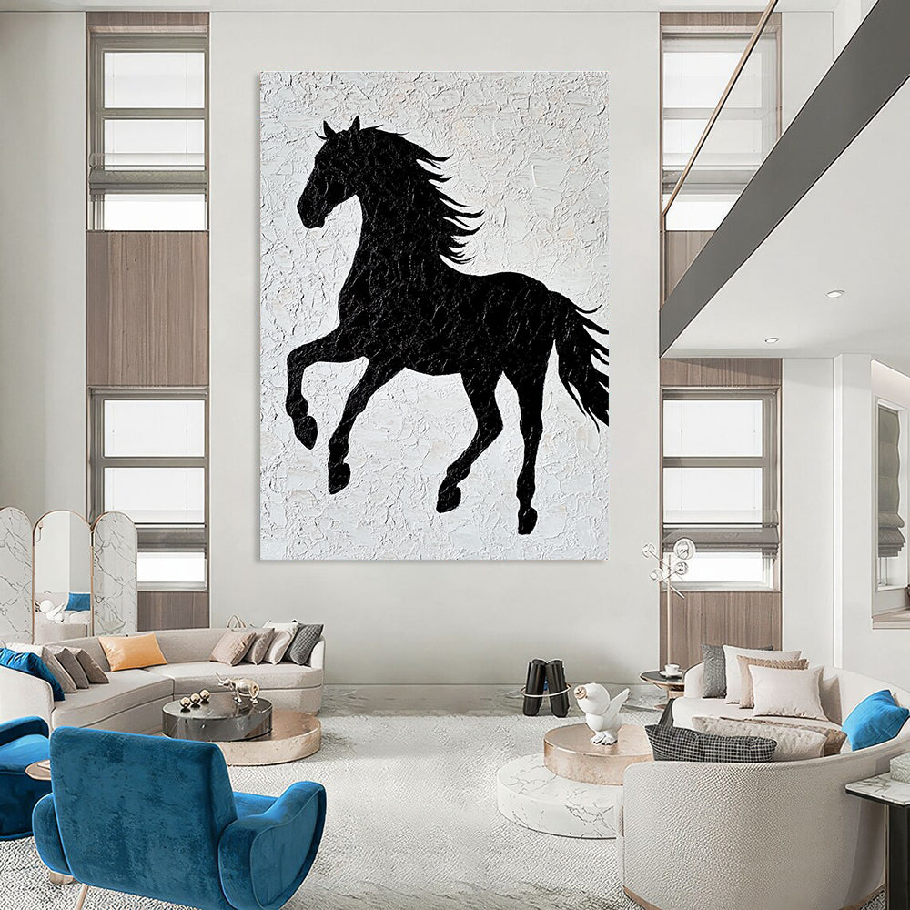 A large abstract artwork featuring a black horse silhouette on textured white paper with elegant lines and a minimalist design capturing graceful movement.STSC917