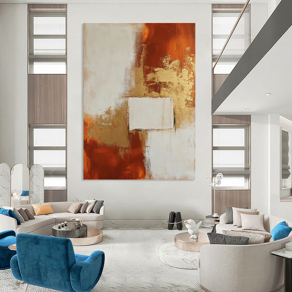 Large abstract painting in minimalist style featuring beige and rust colors with elegant gold accents for a modern aesthetic.STSC244