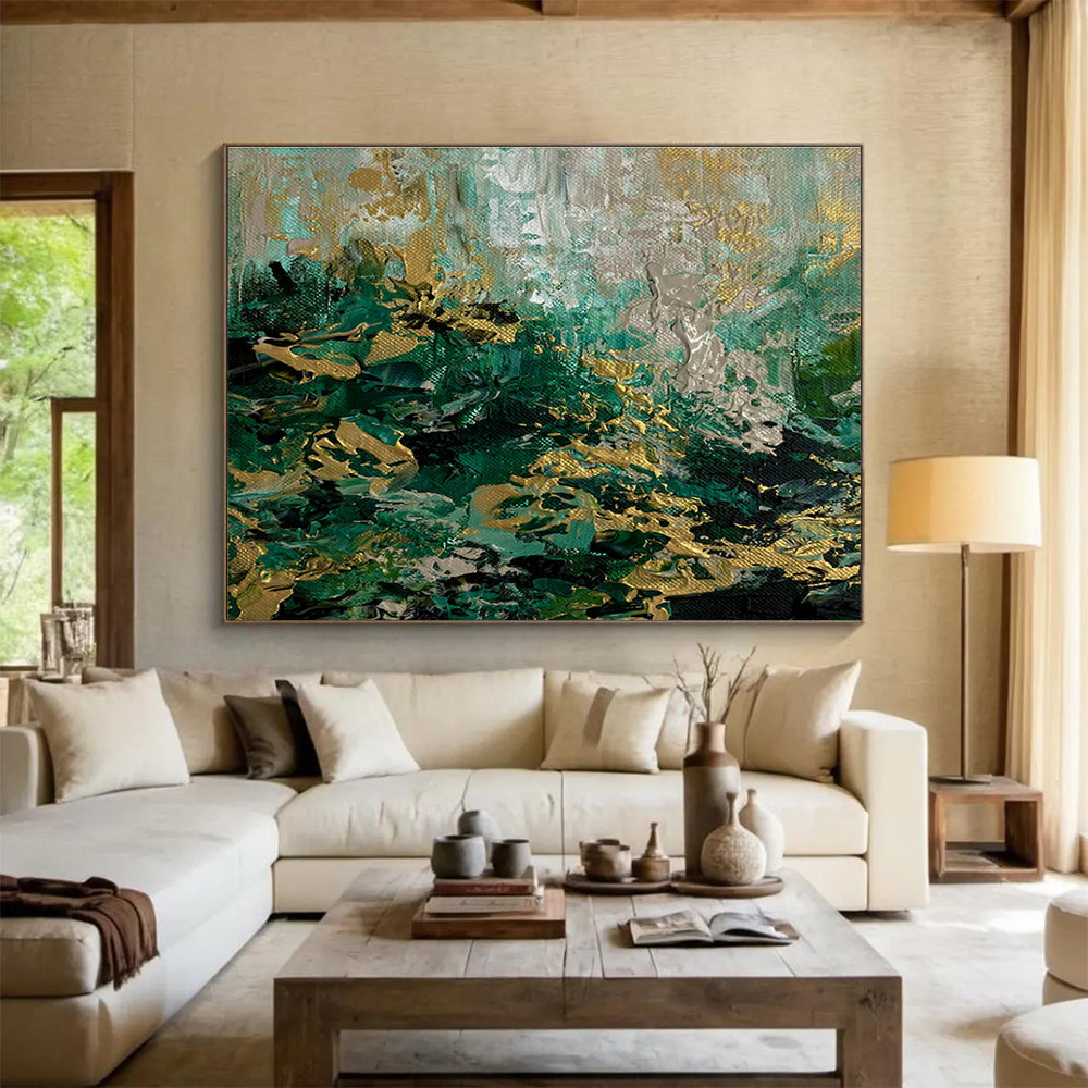 Green Gold Abstract Painting with Lush Textures THY355