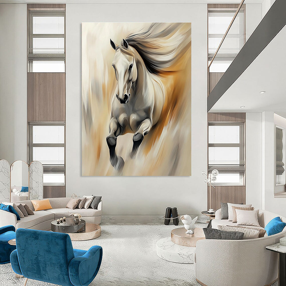 A large abstract painting of an elegant horse in soft colors featuring thick brush strokes and blurred edges with dynamic lighting effects.STSC896