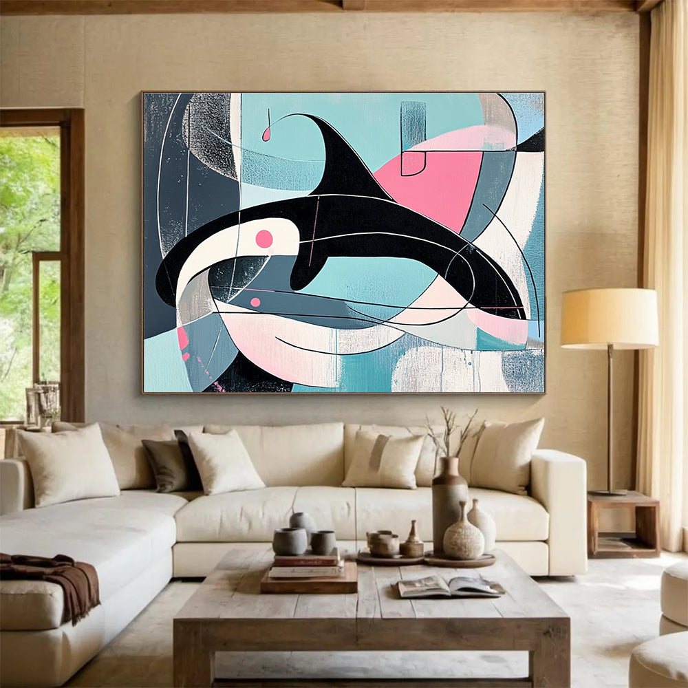 Geometric Orca Abstract Painting with Pastel and Dark Tones DYP343
