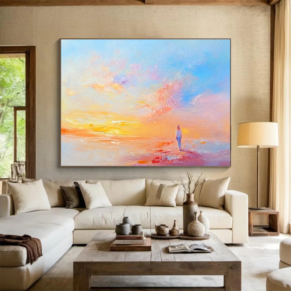 Large abstract painting featuring serene pastel colors soft brushstrokes and tranquil landscapes evoking a peaceful atmosphere at dawn.SC281