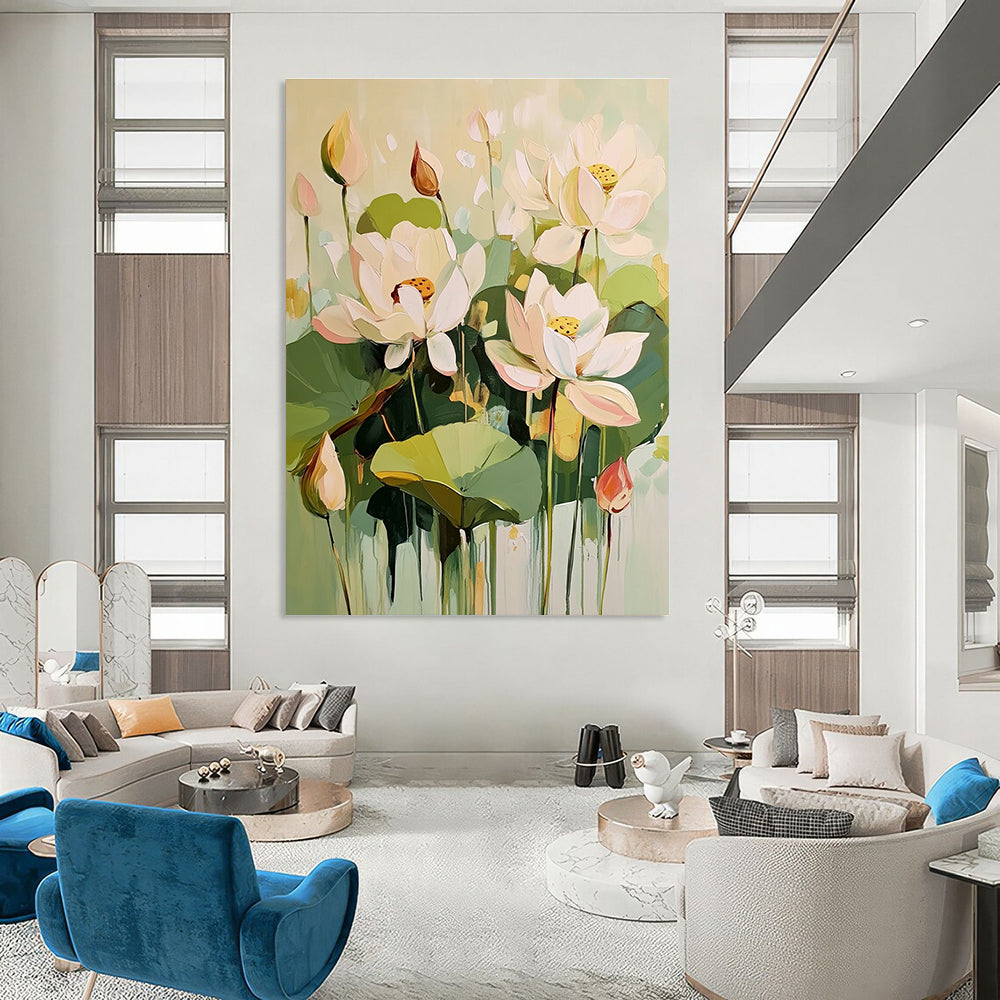 Large abstract painting featuring light green and cream lotus flowers with green leaves and pink buds in an elegant harmonious composition.STSC319