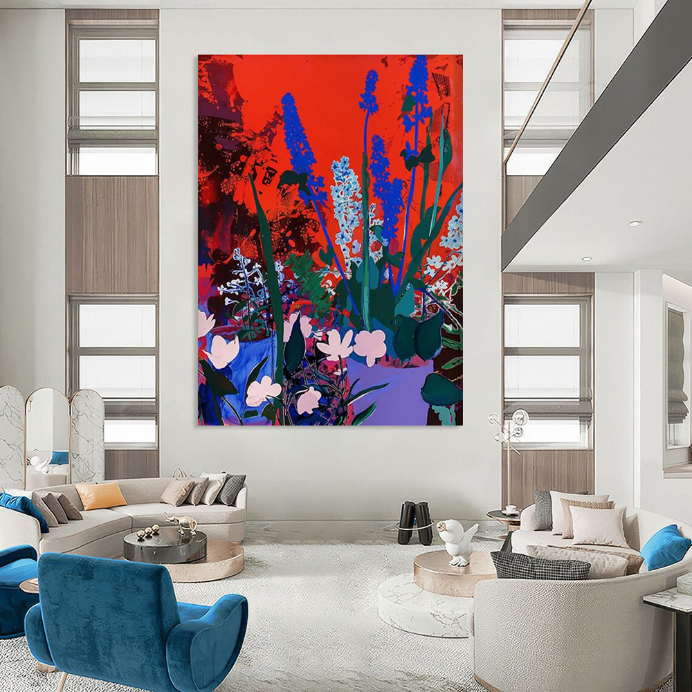 Blue Flowers on Red Background Abstract Painting ADGE100