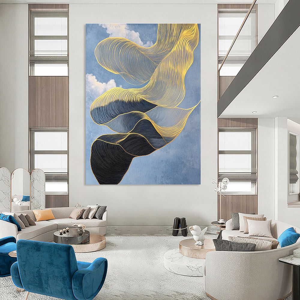 An Abstract Artwork Featuring An Elegant Gold And Black Scarf Floating Against A Crisp Blue Sky With Intricate Details And High Contrast.STSC1283