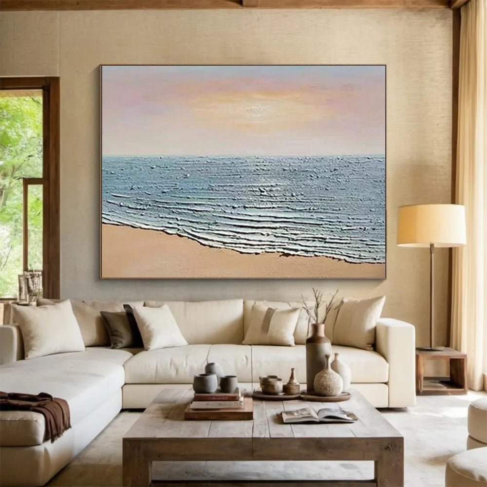 Textured Sea Shore Abstract Painting with Blue, White, and Brown Tones THY184