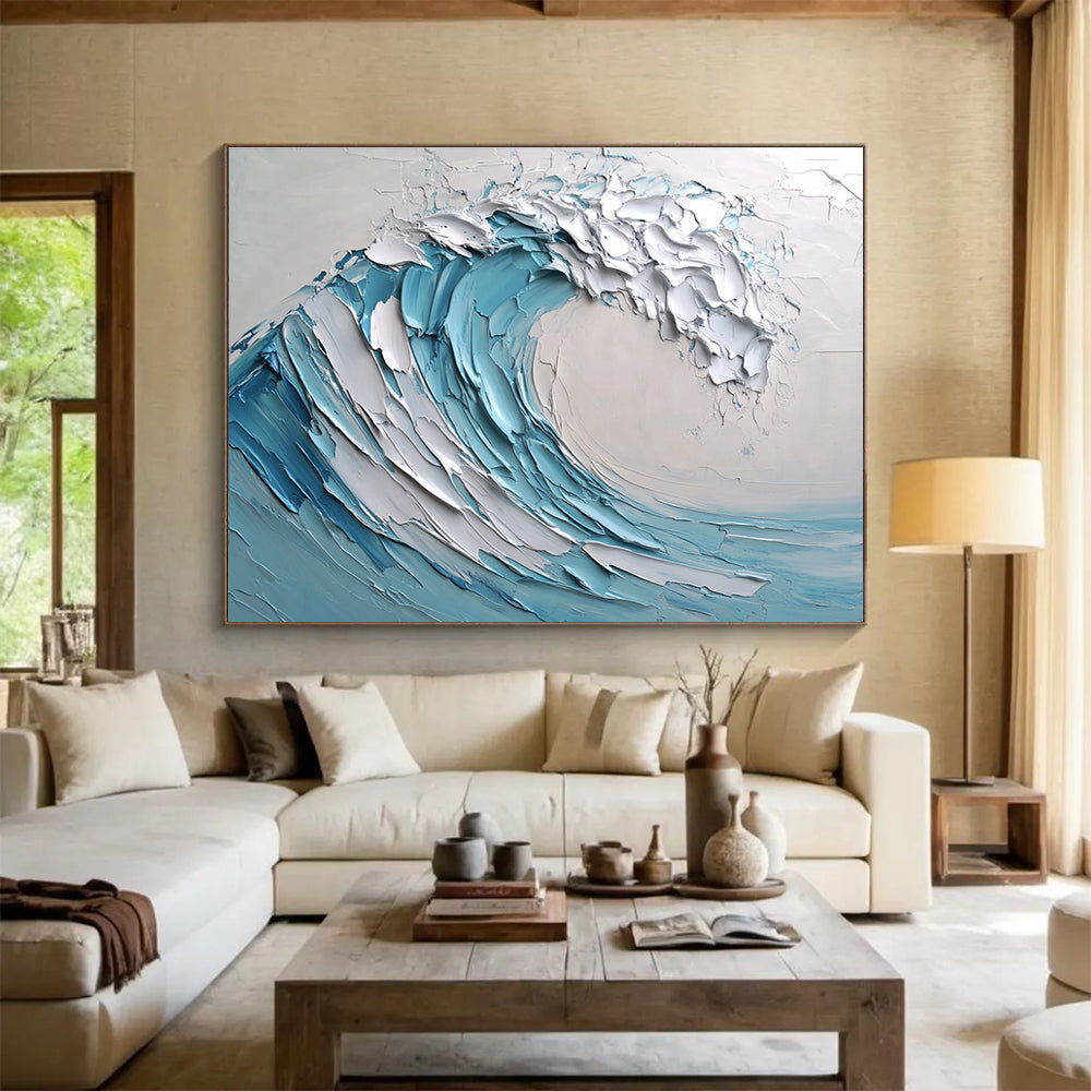Large abstract painting of a wave featuring light blue and white colors with thick impasto texture. Perfect for modern decor.SC002