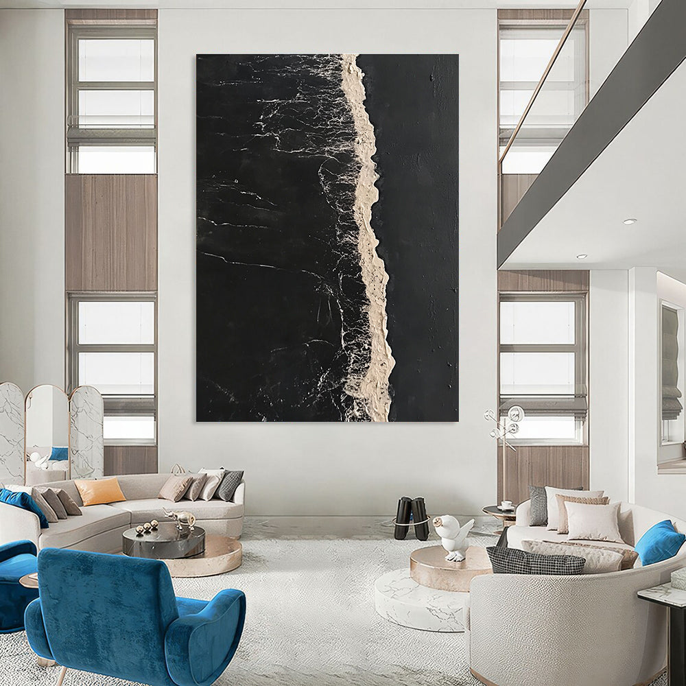 Abstract painting featuring a long white line of sea foam on dark water in a minimalist high contrast style inspired by Bawden and Sowa.STSC1044