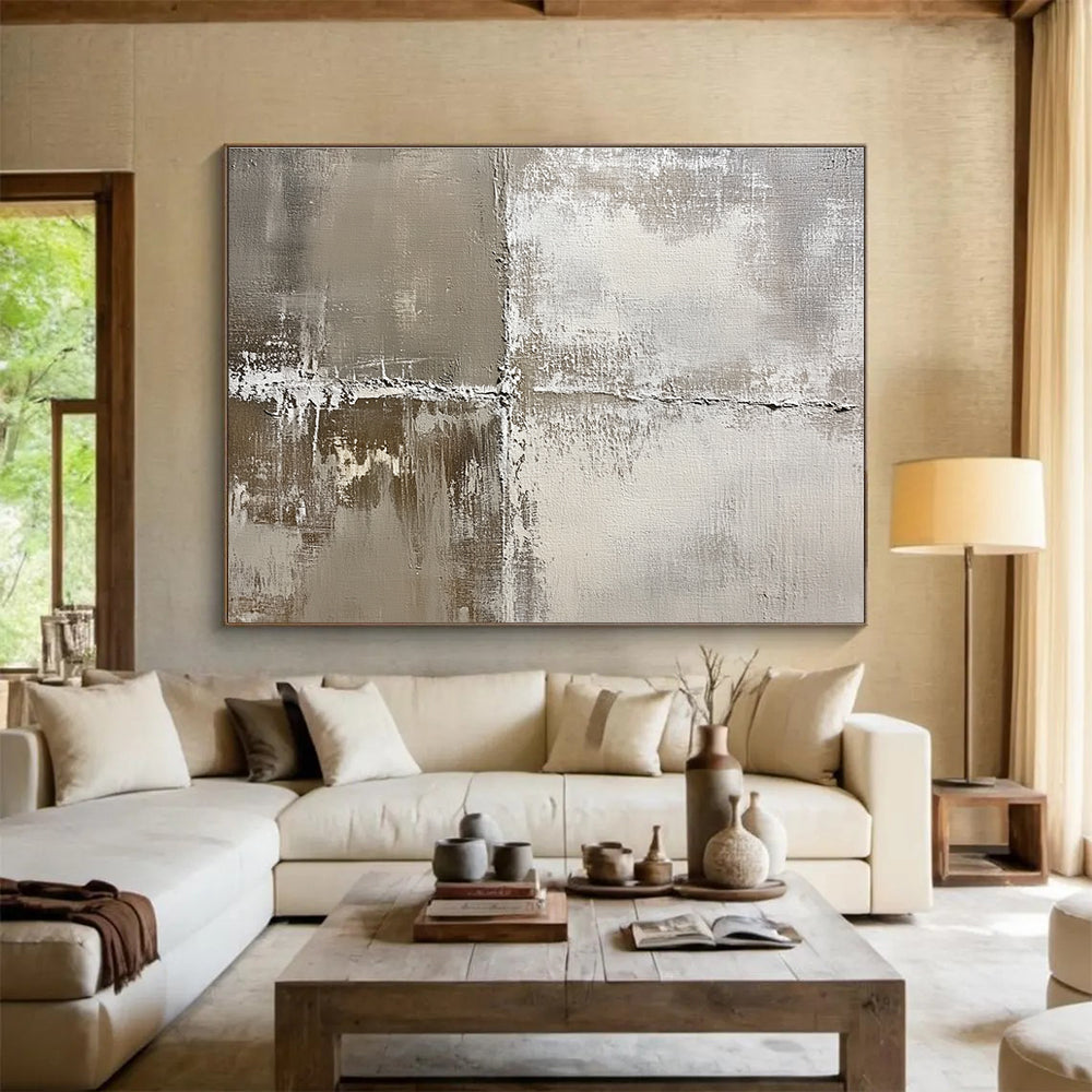 Abstract painting featuring an aged textured canvas in soft neutral tones evoking nostalgia with weathered effects of grays and whites.SC445
