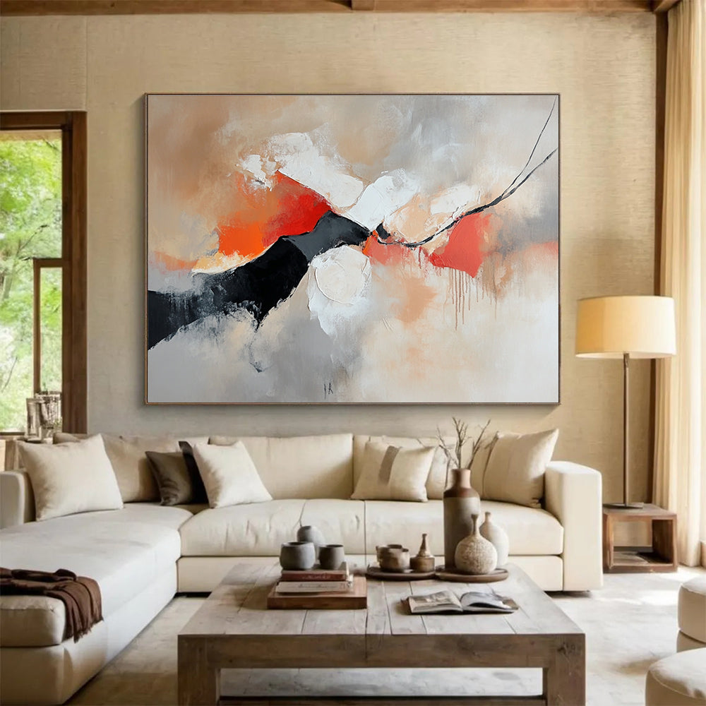 Large abstract painting featuring warm colors and soft shapes on a gray background with emotional expressions in red orange and black tones.SC265