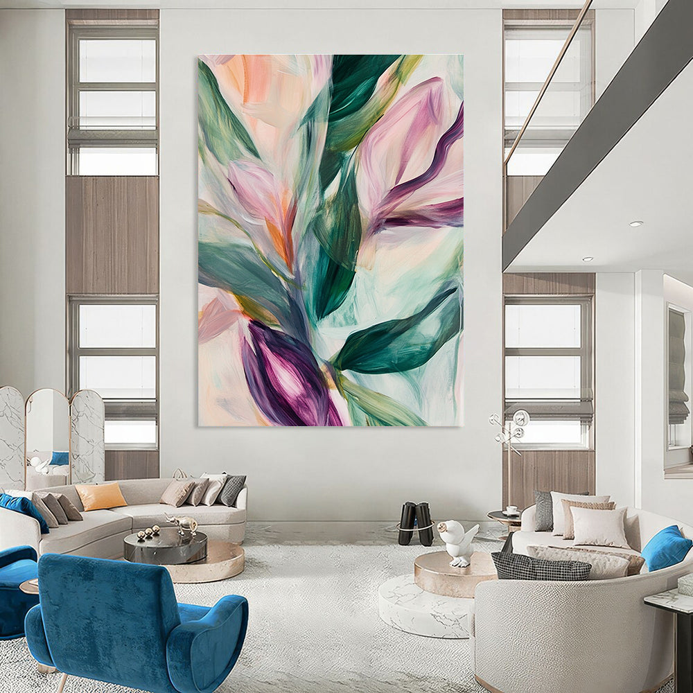 Large abstract painting featuring soft pastel leaves and flowers in neutral tones set against a blurred white background.STSC314