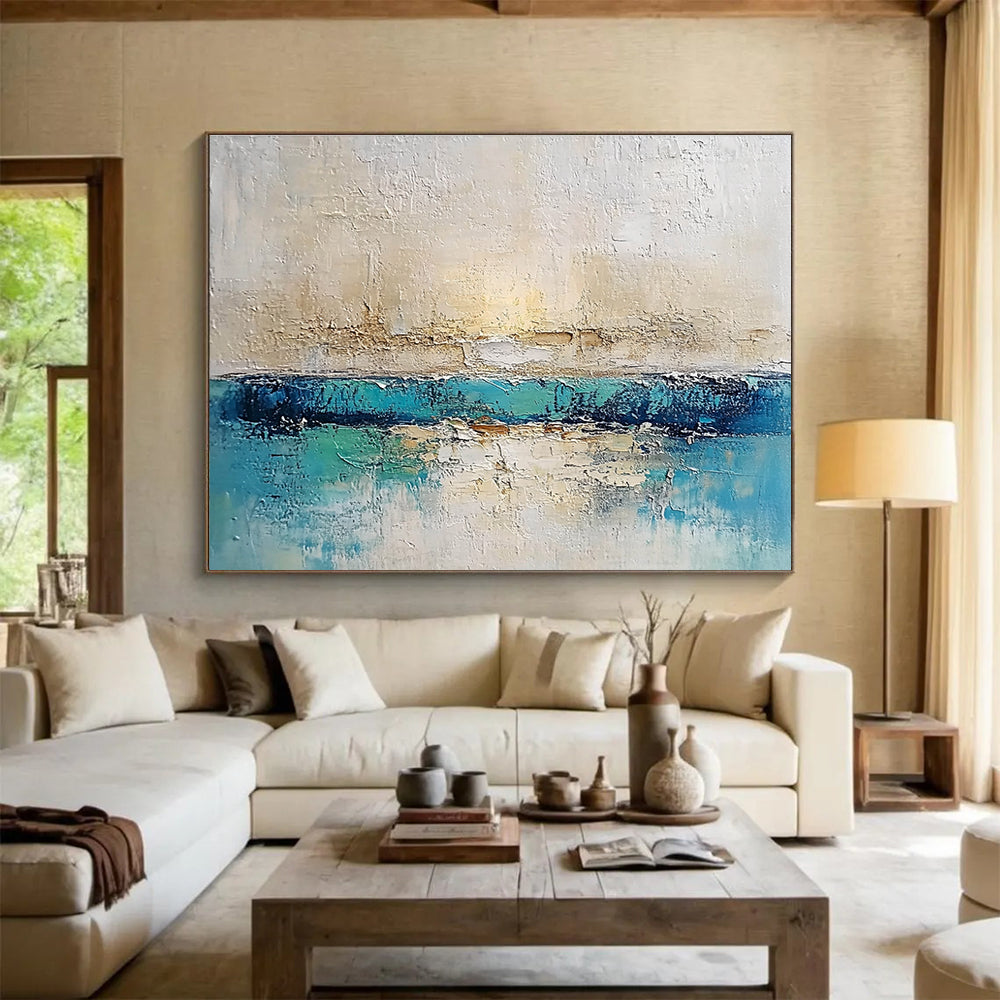 Textured Sea and Sky Abstract Painting with Blue and Beige DYP491