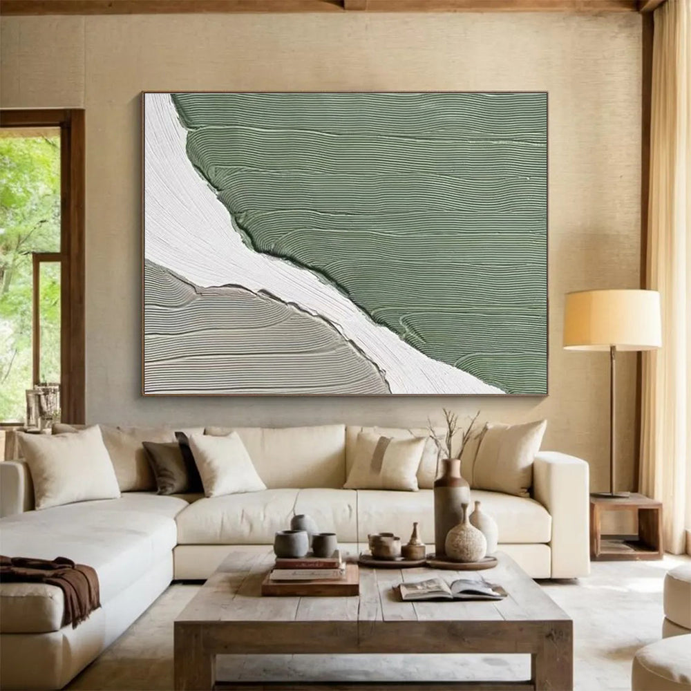 Green White Abstract Painting with Clean, Modern Lines THY396