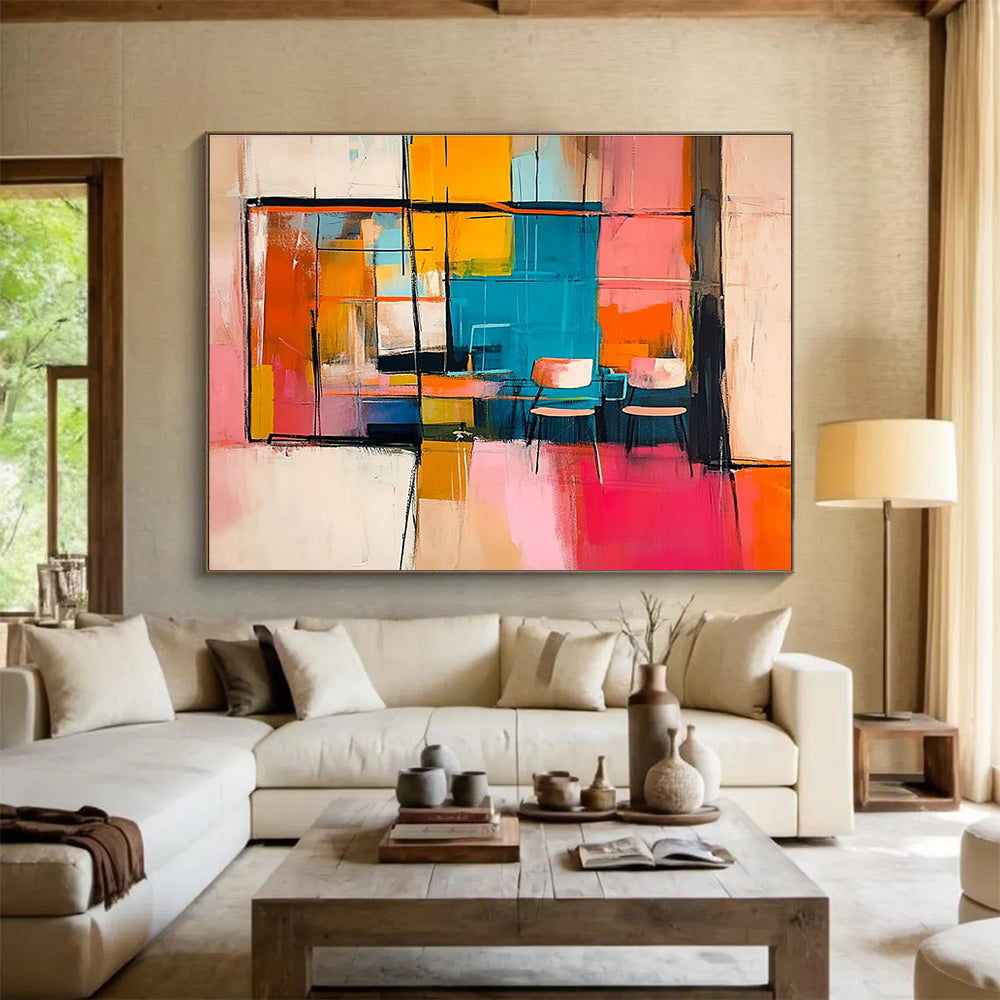 Large abstract painting featuring an interior with chairs and tables visible through a window in vibrant pink orange yellow and blue.SC336