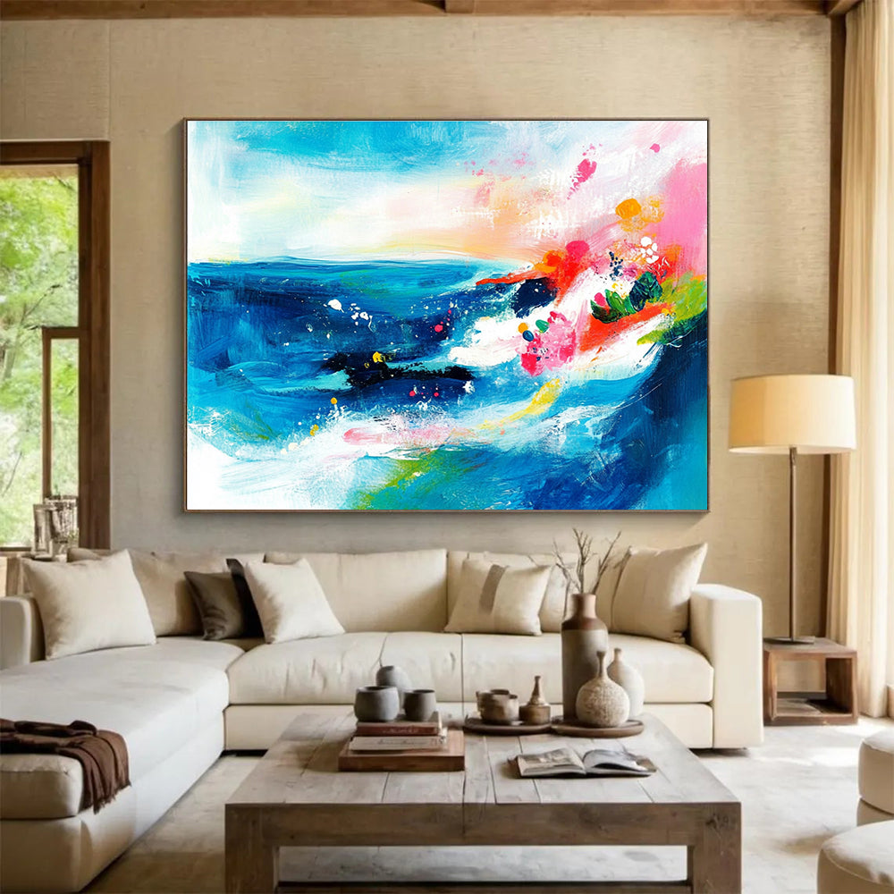 Colorful Sea Abstract Painting with Blue and Pink Hues DYP521