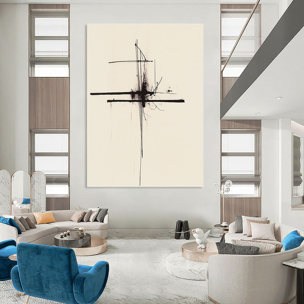 Large abstract painting featuring thin black lines on a white background inspired by Rothko's minimalistic style for a modern artistic touch.STSC1245