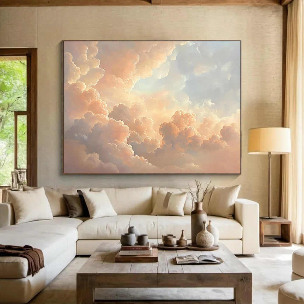 Fluffy Cloud Sky Abstract Painting with Peach and Blue Tones DYP564